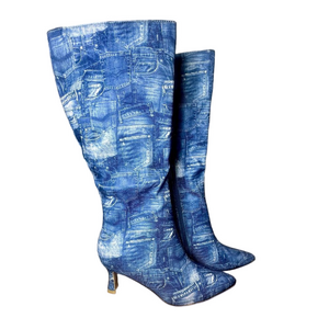 * Mata Shoes Denim Slip On 2 1/2" Kitten Heel Boots